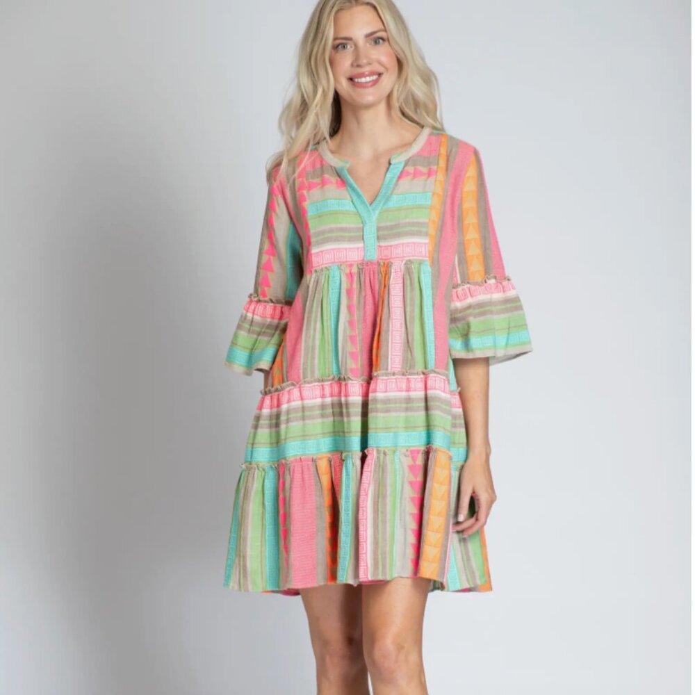 APNY Mixed Print Tiered Cotton Tunic Dress in Pink Multi Size M - Picture 3 of 14